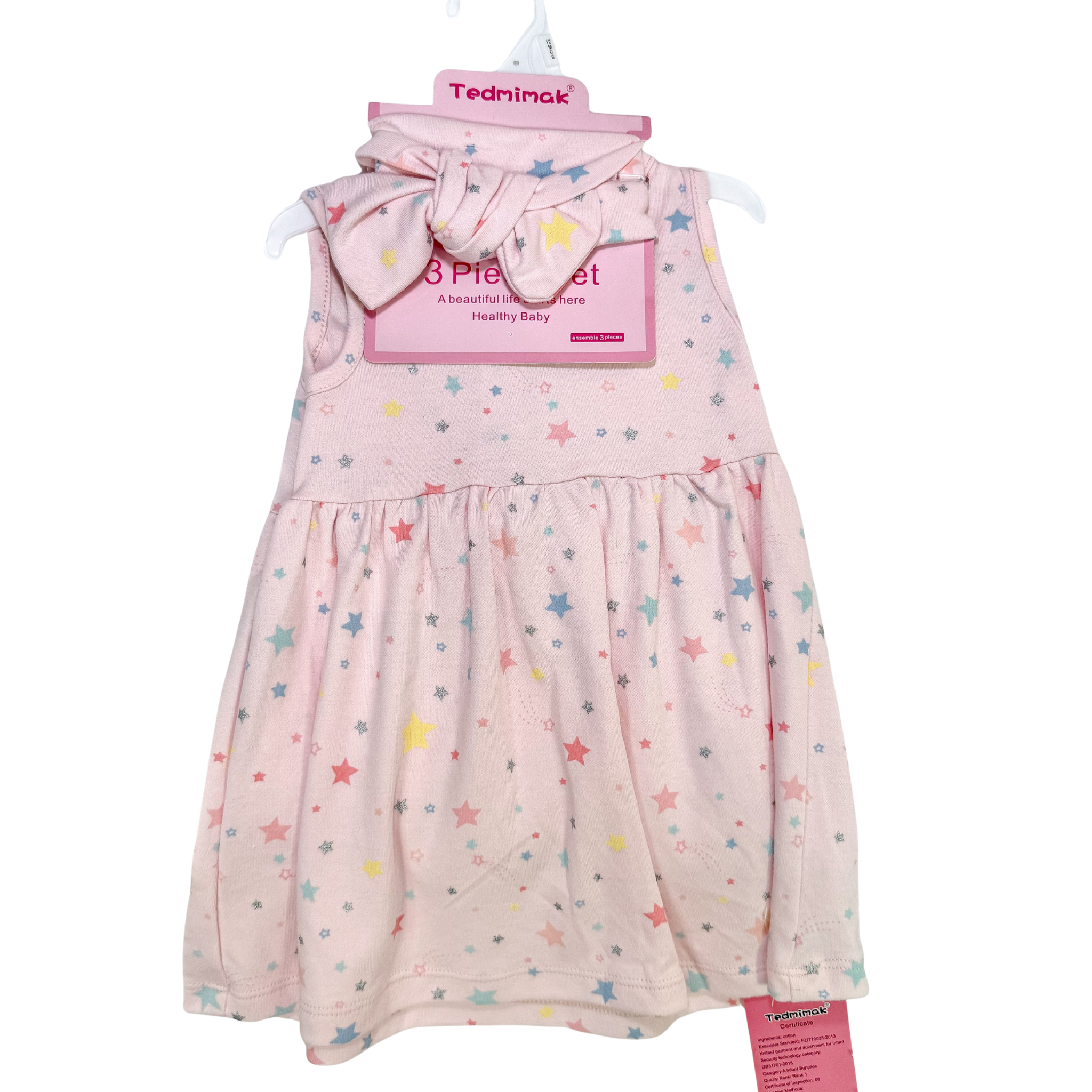Thea 3 Piece Baby Doll Dress Set - Pink Stars (GS37)